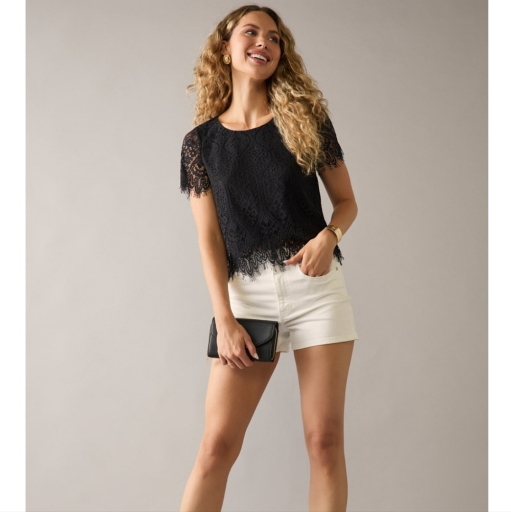 MIAMI by FRANSECAS Clara Crewneck Short Sleeve Lace Blouse Top XL